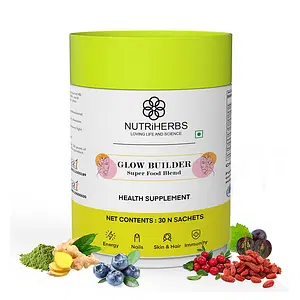 Nutriherbs Glow Builder with 48 Super Food Blends for Glowing & Youthful Skin, Promotes Hair Growth, Strengthens Nails, Boosts Immunity and Energy, for men & Women, 30 Sachets