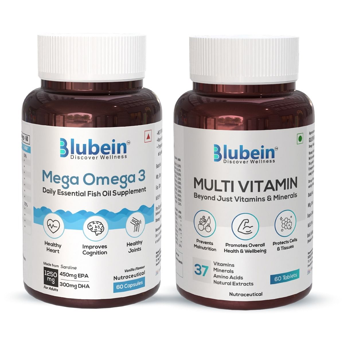 

Blubein Dynamic Duo | Mega Omega 3 Fish oil Capsules with Triple Strength 60N| Multivitamin with 37 Vital Ingredients 60N | for Overall Strength & ...