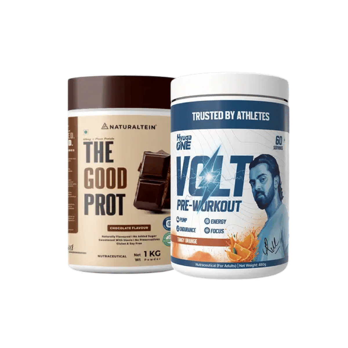 

NATURALTEIN The Good Prot Chocolate - 1 kg & Hyuga One VOLT Pre-Workout Powder (Tangy Orange), Clinically Dosed Energy, Focus , 100mg Caffeine Per ...