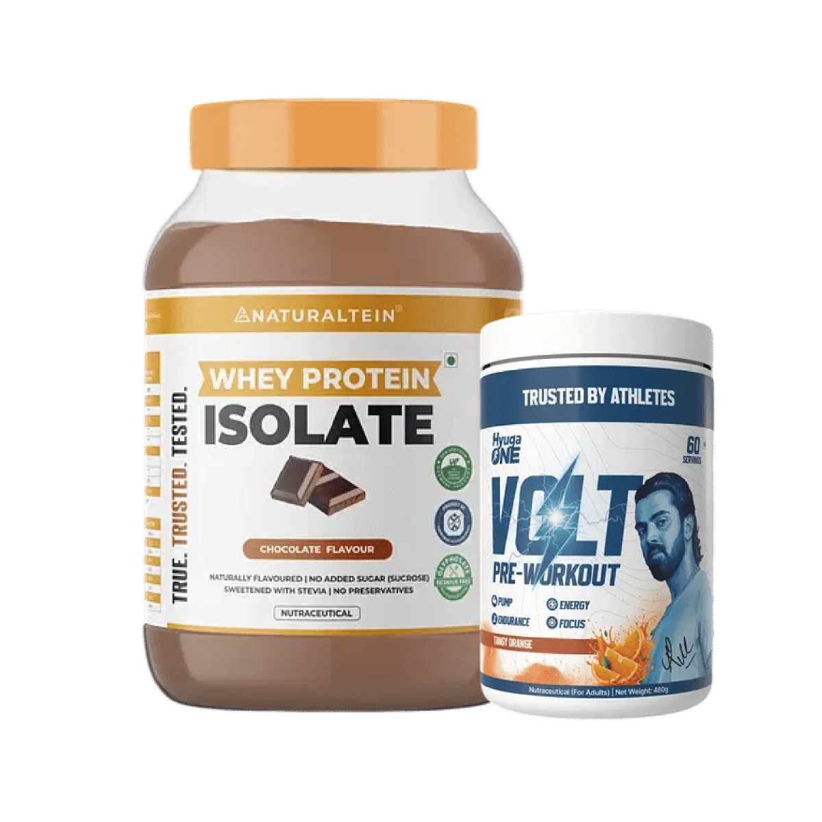 

NATURALTEIN Whey Protein Isolate Chocolate - 1 kg & Hyuga One VOLT Pre-Workout Powder (Tangy Orange), Clinically Dosed Energy, Focus , 100mg Caffei...