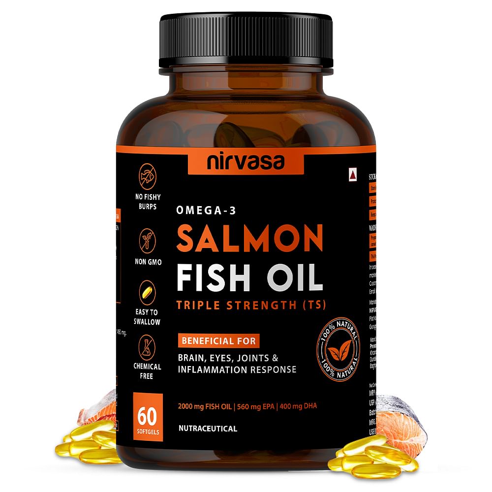 

NIRVASA OMEGA 3 SALMON FISH OIL SOFTGEL CAPSULES (TRIPLE STRENGTH) FOR MEN & WOMEN | 2000MG SALMON FISH OIL, 560MG EPA & 400MG DHA - 60 X 1 CAP