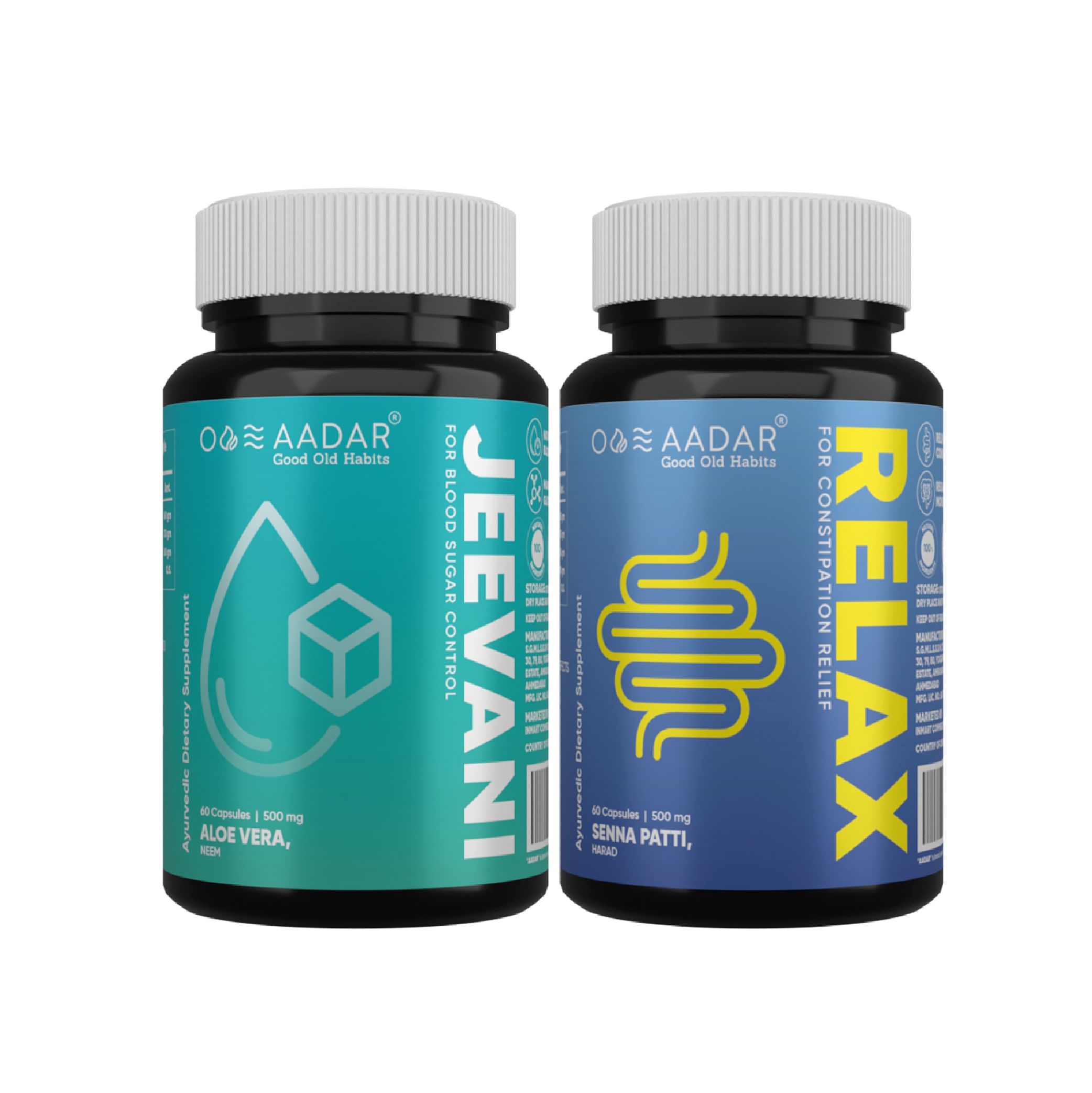 

AADAR Re-Lax (Digestive Wellness) & Jeevani (Blood sugar Control ) Capsules Natural body detox, removal of toxins from the body Senna, Harade, Aloe...