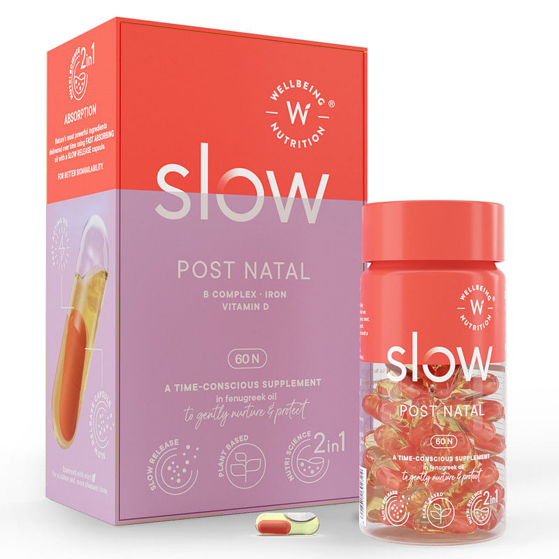 

Wellbeing Nutrition Slow | Post Natal (60 Capsules) | Vegan Multi-nutrient | Folic Acid, B-Complex in Virgin Fenugreek Oil | Increase Lactation, En...