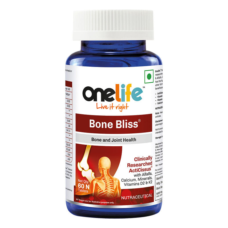 

Onelife Bone Bliss Clinically Researched ActiCissus® with Alfalfa, Calcium Citrate, Magnesium Oxide, Vitamin D2 & D3, Vitamin K2 & Zinc Sulphate Fo...
