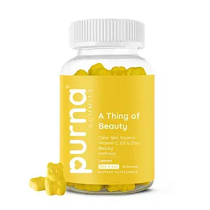 Purna Gummies Vitamin C Lemon & Zinc for Adults & Kids, Immunity Boost, Skincare