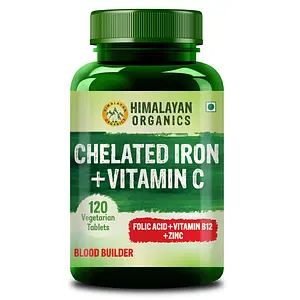 Himalayan Organics Chelated Iron with Vitamin C,B12,Zinc & Folic Acid | Boost Hemoglobin Levels | Improves Concentration Level ,Energy & Blood Building-120 Veg Tablets