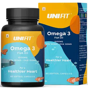 UNIFIT Omega 3 Fish Oil Capsules for Men and Women, Omega3 1000 Mg Fish Oil Supplement, 180 MG EPA & 120 MG DHA For Healthy Heart, Eyes and Joints, Omega3 Fatty acid Fish Oil 60 Softgel Capsules