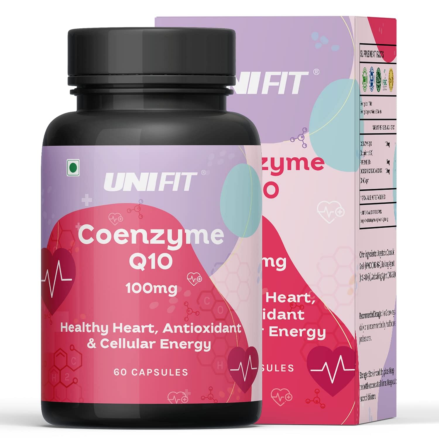 

UNIFIT Coenzyme Q10 100mg Supplement with high absorption Piperine 10mg, COQ10 Capsules for Healthy Heart, Antioxidant and Glowing Skin Immunity Ma...