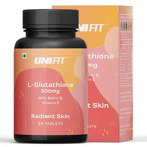 UNIFIT L Glutathione Tablets 500 mg with Biotin Vitamin A, C & E, Alpha Lipoic Acid and Grape Seed Extract for Healthy and Glowing Skin for Men & Women Glutathione for Skin Brightening- 30 Veg Tablets