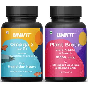 UNIFIT Omega 3 Fish Oil Capsules And Plant Biotin Tablets for Men And Womens Healthy Heart Biotin for Hair 1000mg Fish Oil 180 MG EPA 120MG DHA 10000mcg+ with Sesbania Vitamin A C D2 And E 60 Capsule