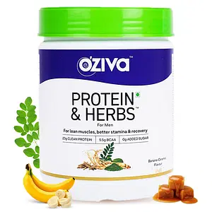 Oziva Protein & Herbs For Men, Banana Caramel 500G | For Muscle Building, Recovery, And Better Stamina (With 23G Whey Protein + 15 Multivitamin For Men), Certified Clean