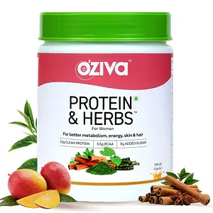 Oziva Protein & Herbs For Women | Natural Protein Powder With Ayurvedic Herbs Like Shatavari, Giloy, Curcumin & Multivitamins For Improving Metabolism, Skin & Hair | Mango 500G