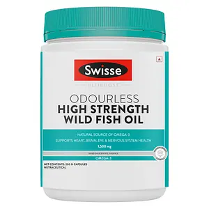 Swisse Ultiboost Odourless High Strength Wild Fish Oil, Natural Source Of Omega - 3 (1500 Mg), Supports Heart, Brain, Eye & Nervous System Health - 200 Tablets