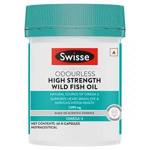 Swisse Ultiboost Odourless High Strength Wild Fish Oil, Natural Source Of Omega - 3 (1500 Mg), Supports Heart, Brain, Eye & Nervous System Health - 60 Tablets