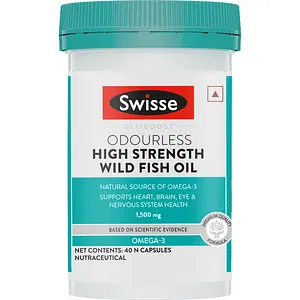 Swisse Ultiboost Odourless High Strength Wild Fish Oil, Natural Source Of Omega - 3 (1500 Mg), Supports Heart, Brain, Eye & Nervous System Health - 40 Tablets