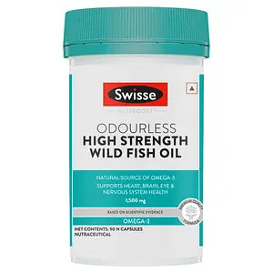 Swisse Ultiboost Odourless High Strength Wild Fish Oil, Natural Source Of Omega - 3 (1500 Mg), Supports Heart, Brain, Eye & Nervous System Health - 90 Tablets