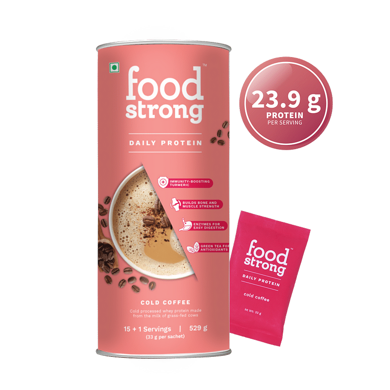 

Foodstrong Daily Protein|Cold Coffee | Natural Antibiotic Free Grass-Fed Whey Protein Powder With Turmeric & Green Tea, 529 Gm| 16 Servings