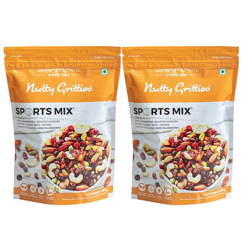 

Nutty Gritties Sports Mix - Roasted Almonds, Cashews, Pistachios, Dried Blueberries, Cranberries and Raisins - 350g (Family Pack of 2 )