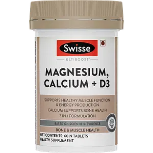 Swisse Ultiboost Magnesium, Calcium+D3 Supports Healthy Muscle Function & Energy Production, Calcium Supports Bone Health 3 In 1 Formulation - 60 Tablets