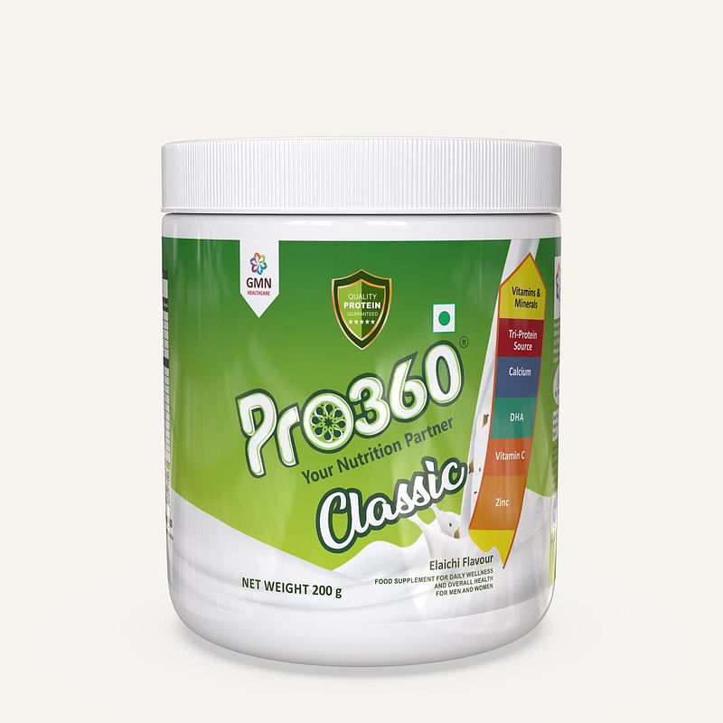 

Pro360 Classic Daily Wellness Nutritional Protein Health Drink Supplement Powder for Men and Women - Instant Beverage Mix - 200G (Elaichi)