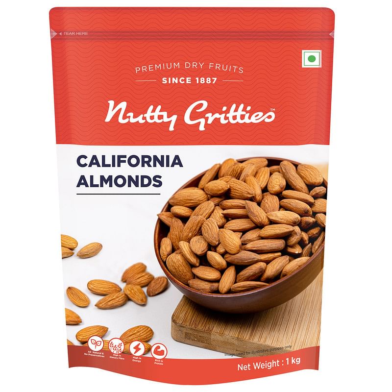 

Nutty Gritties Premium California Almonds Badam, 1Kg, Raw American Almonds, 100% Natural | Resealable Pouch