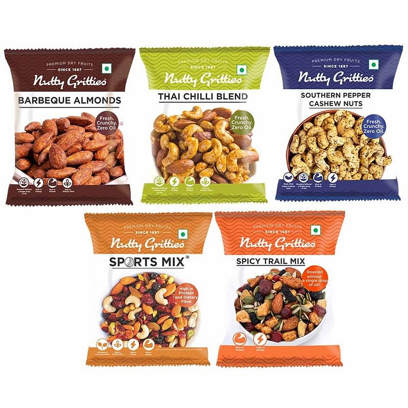 

Nutty Gritties Trail Mix - Thai Chilli Blend (24g), Sport Mix (30g), Spicy Trail Mix (24g), Barbeque Almonds (21g) and Pepper Cashew(21g) - 120g