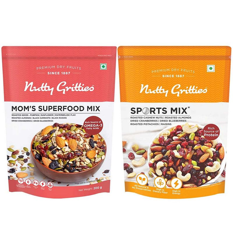 

Nutty Gritties Mixed Dry Fruits and Seeds Combo 400g - Mom's Superfood Mix + Sports Mix (200g each)