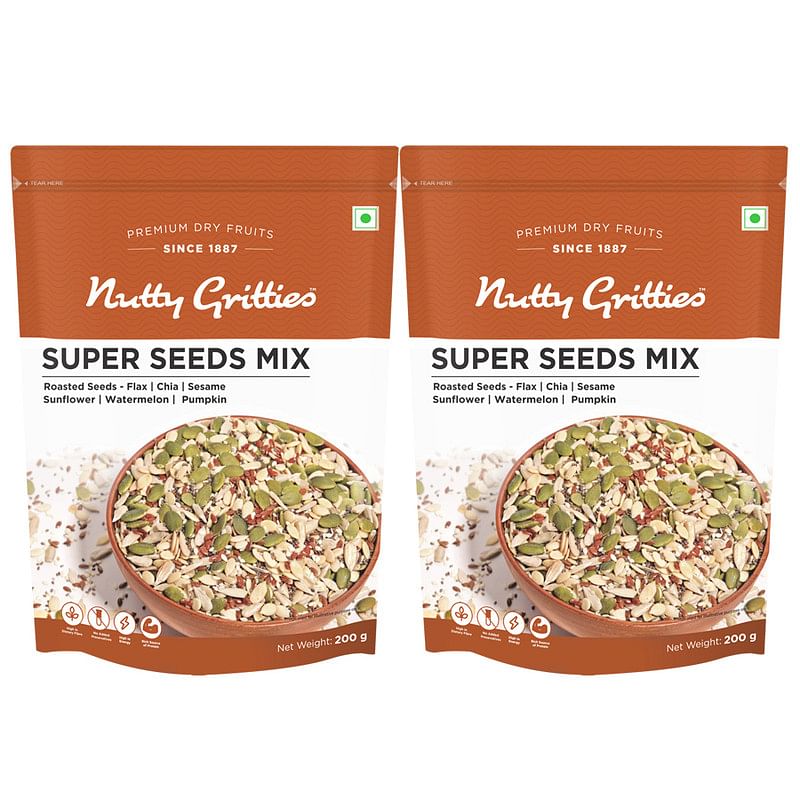 

Nutty Gritties Super Seeds Mix - Roasted - Flax, Chia, Sesame, Sunflower, Watermelon, Pumpkin Seeds, Mixed Seeds - 200g ( Pack of 2 )