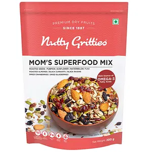 Nutty Gritties Mom's Superfood Trail Mix Dry Fruits Nuts Seeds - Roasted Almonds, Pumpkin, Sunflower, Watermelon, Flax Seeds, Black Raisins, Black Currant, Cranberries and Blueberries | Resealable Pouch