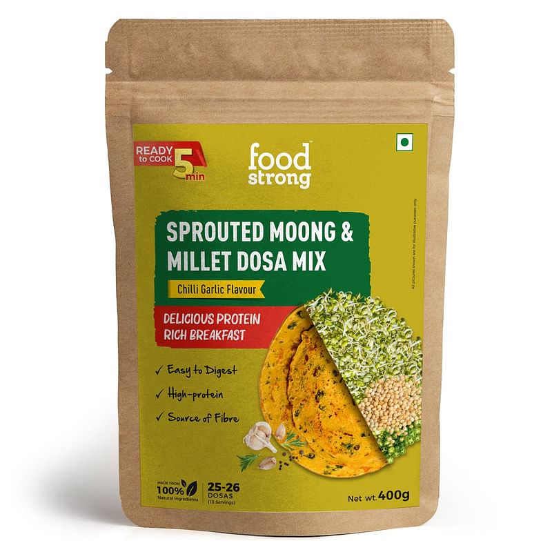 

Foodstrong Sprouted Moong Instant Chilla / Dosa Mix with the Goodness of Millets, Healthy Delicious Breakfast, 58 g Protein, 14 g Fibre, Easy to Di...