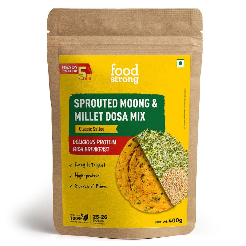 

Foodstrong Sprouted Moong Instant Chilla / Dosa Mix with the Goodness of Millets, Healthy Delicious Breakfast, 59 g Protein, 14 g Fibre, Easy to Di...