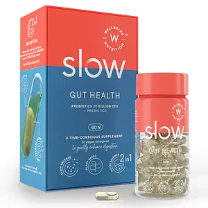 Wellbeing Nutrition Slow | Gut Health (60 Capsules) | 20 Billion CFU Probiotic & Prebiotic in Vegan Omega 3 Oil | GUT, Digestive Balance & Maintain Intestinal Integrity