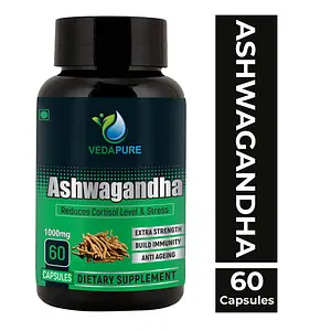 Vedapure Ashwagandha ( Withania somnifera ) General Wellness Veg Capsules for Stress Relief , Rejuvenates Body & mind- 60 Veg Capsules ( Pack of 1)
