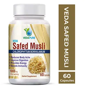 VEDAPURE Organic Safed Musli Capsule Helps in Muscle Mass, Sports Performance, Bones & Joints Boosts Energy, Immunity & Stamina 1000mg/Serving - 60 Capsules (Pack of 1)