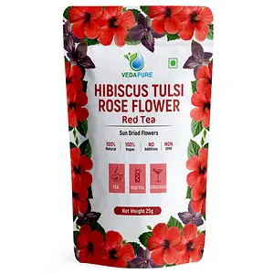 Vedapure Natural Red Tea Pure Hibiscus Flower With Rose Petals Sun Dried, 25Gm, Herbal Tea, Caffeine Free -25 g ( Pack of 1)