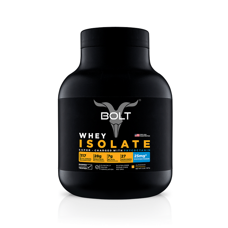 

Bolt Whey Isolate Protein | Super Charged with Phycocyanin for Muscle Support |2 lb, 907g | Alphonso Mangoza