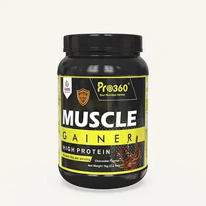 Pro360 Muscle Gainer Protein Powder - Special Formula for Muscle Gain with BCAA + L-Creatine + Digestive Enzymes - 1kg Chocolate Flavour (38g Protein per 75g serving)