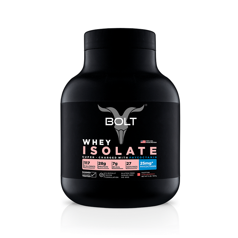 

Bolt Whey Isolate Protein | Super Charged with Phycocyanin for Muscle Support |2 lb, 907g | Martani Strawberry