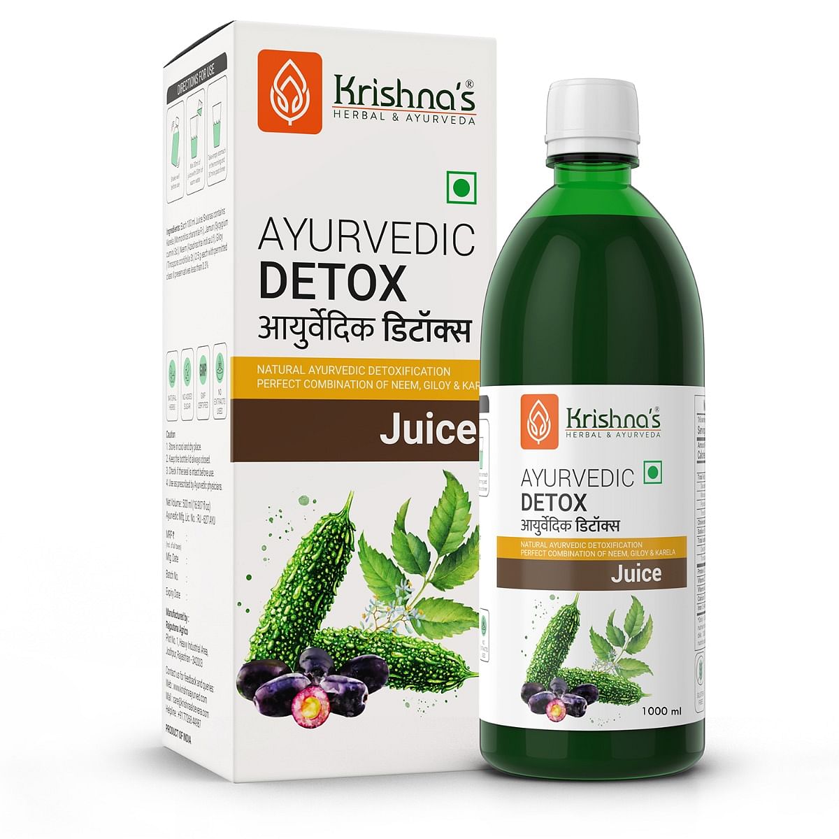 

Krishna's Ayurvedic Detox Juice 1000 ml | Ayurvedic detoxification | Perfect combination of giloy, karela, jamun & neem