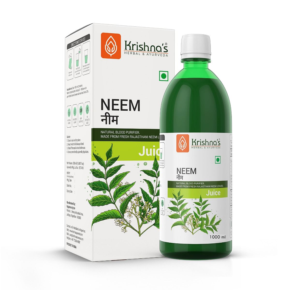 

Krishna's Neem Juice 1000 ml Hand Picked Fresh And Green Neem