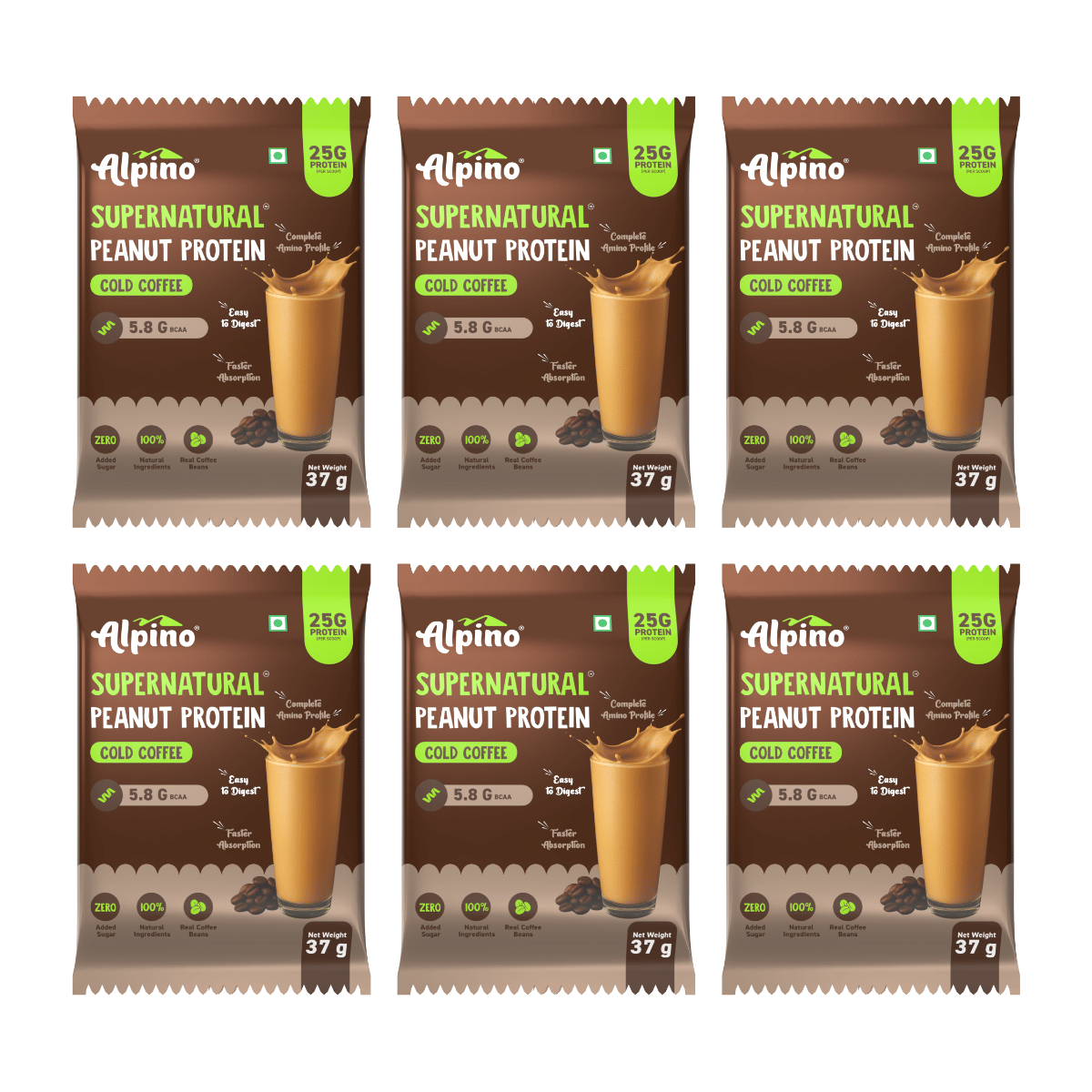 

ALPINO 25g Protein Supernatural Peanut Protein Powder Cold Coffee 222g (37g, Pack of 6) - Roasted Peanuts, Real Coffee, Monk Fruit - 100% Plant-Bas...