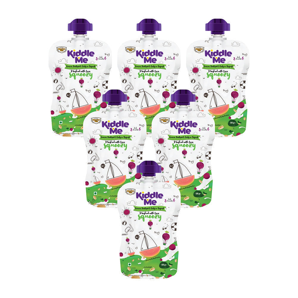

Kiddle Me Squeezy Fruit Puree (120g-Pack of 6) | Yogurt Squeezy with Guava+Beetroot & Oats | Fruit Puree Based Healthy Fortified Snacks for Kids