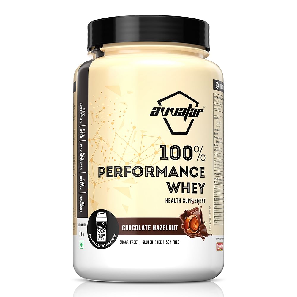 

Avvatar PERFORMANCE WHEY PROTEIN | 1Kg | Chocolate Hazelnut Flavour | 26g Protein | 29 Servings