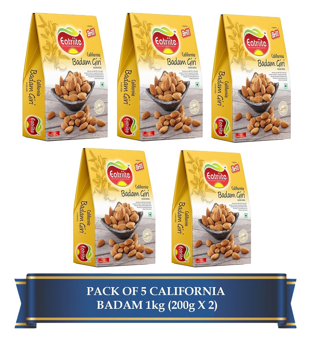 Eatriite California Badam Giri ( Plain Almond Kernel Almonds ) 1 Kg ( 200gx5 ) Almonds