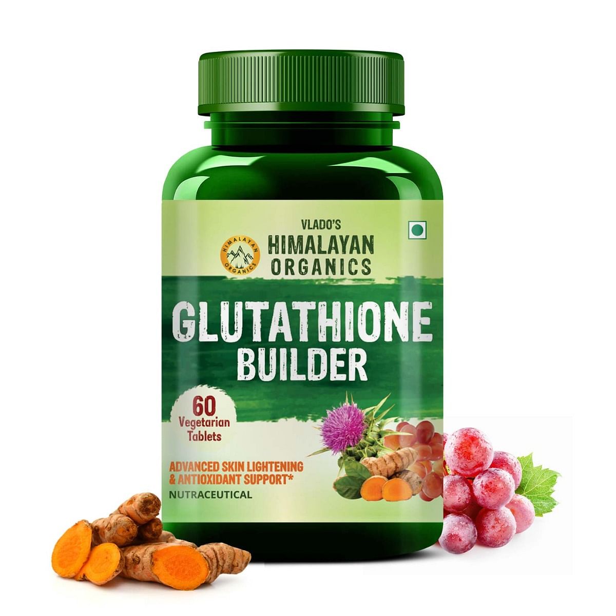 

Vlado's Himalayan Organics Glutathione Builder for Anti-Ageing & Skin Brightening with ( Vitamin C, E, B6 & Curcumin ) - 60 Veg Tablets