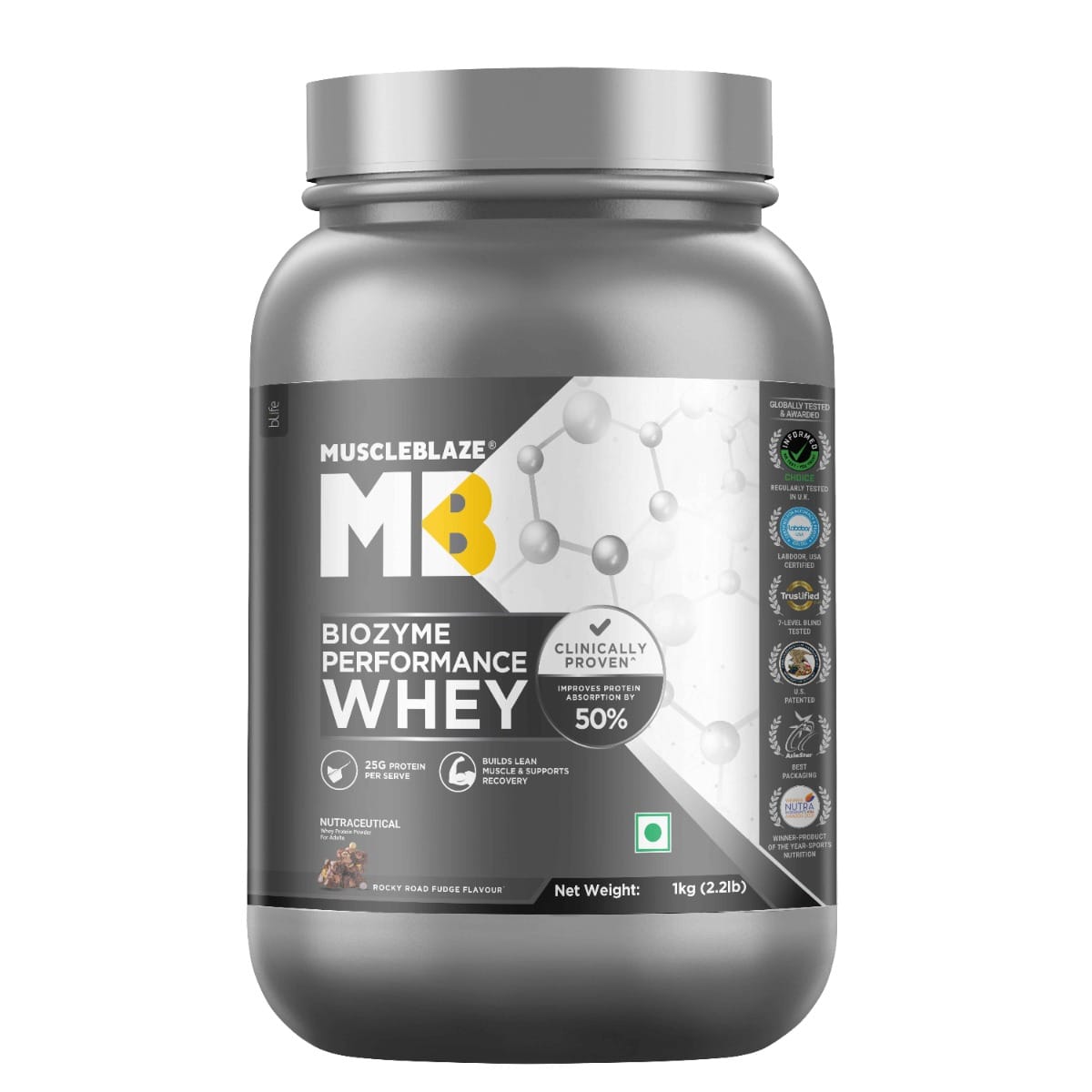 

MuscleBlaze Biozyme Performance Whey Protein Powder | Rocky Road Fudge (1kg) | 25g Protein Per Scoop | Clinically Tested 50% Higher Protein Absorption
