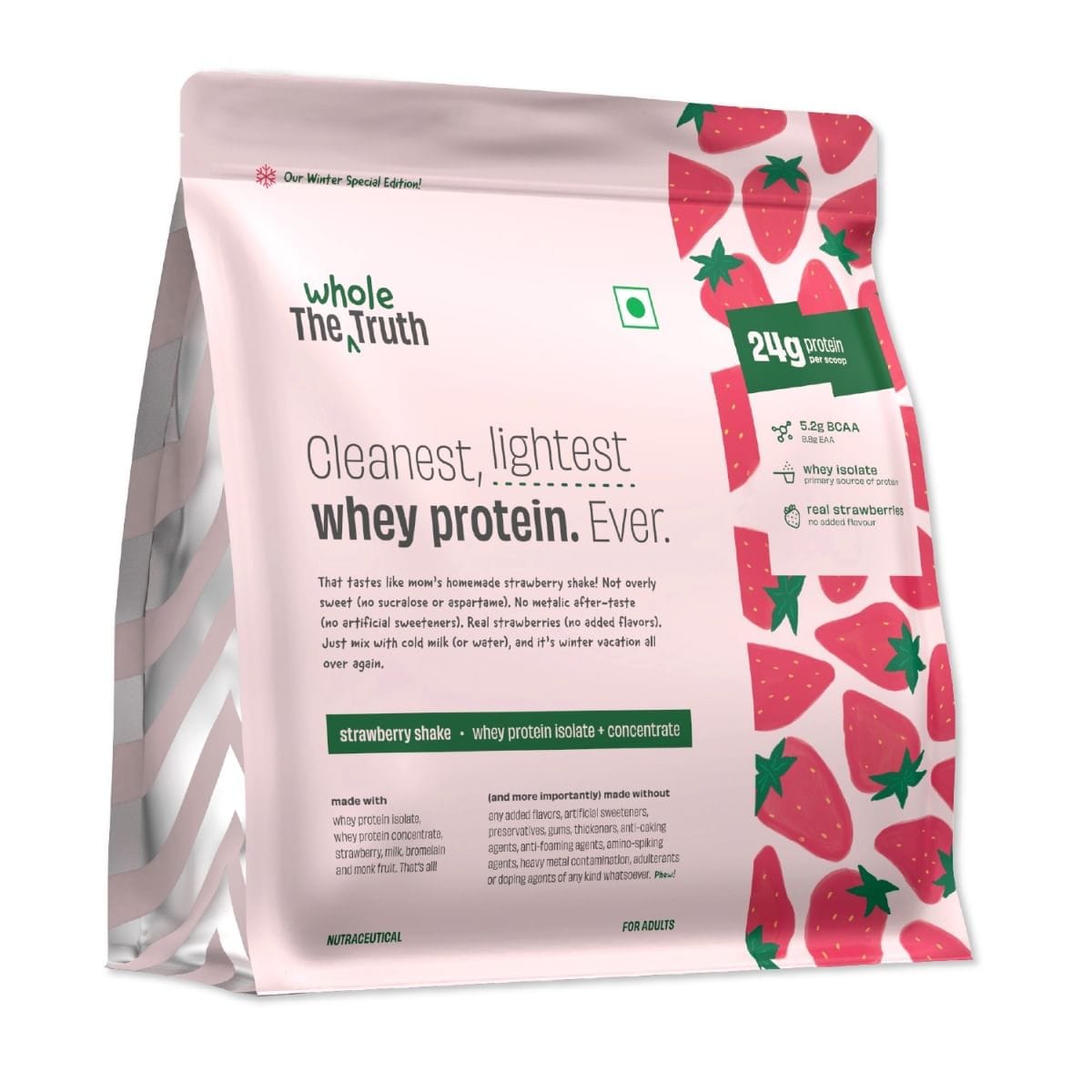 The Whole Truth Whey Protein Isolate+Concentrate 24g Protein/Scoop 5.2g BCAA 100% Authentic Whey, Real Strawberries & No Added Flavours Clean, Light & Easy to Digest | Vegetarian-image-2