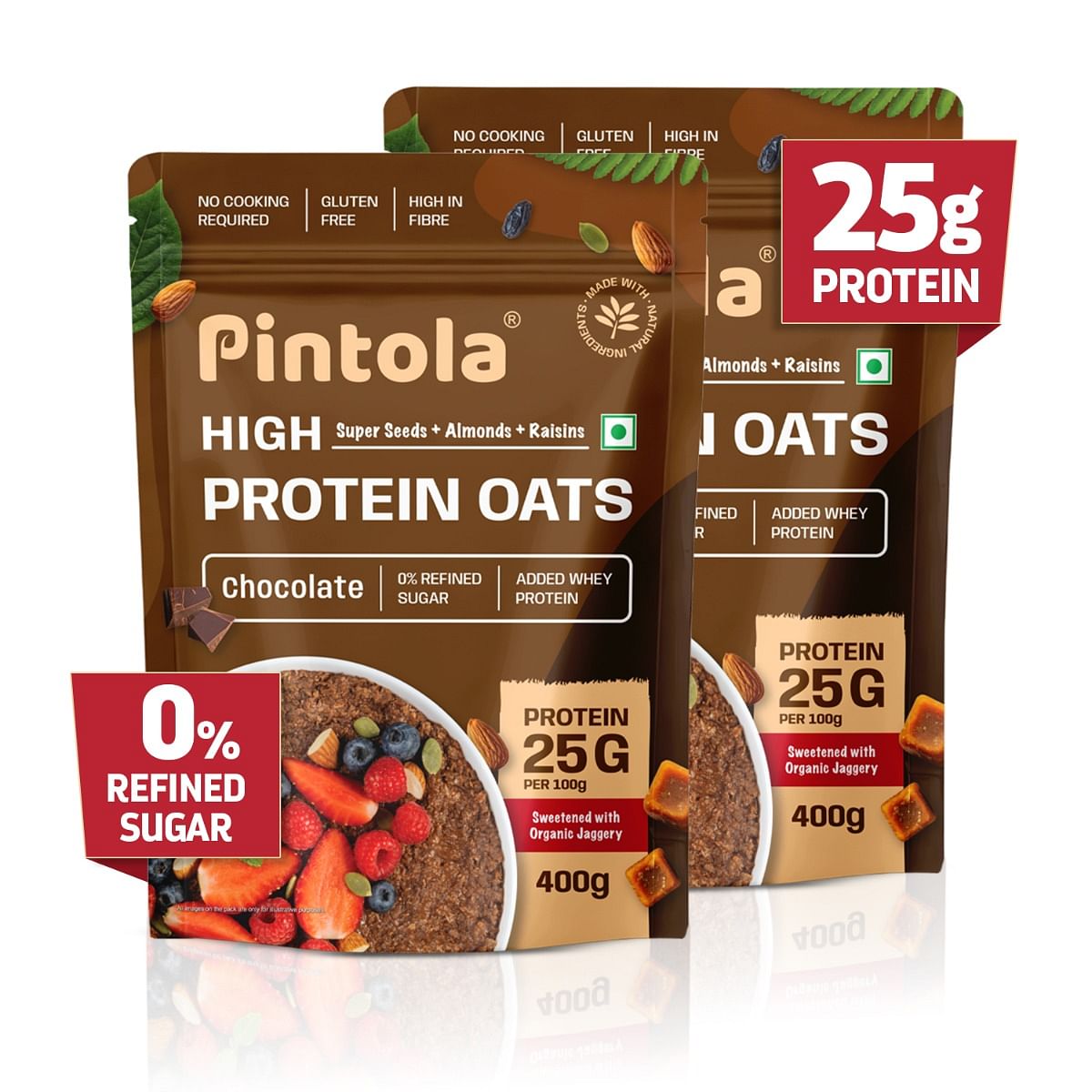 

Pintola 25g High Protein Oats, Dark Chocolate, Oats for weight loss, Breakfast Cereals Pouch - 400g | Pack of 2