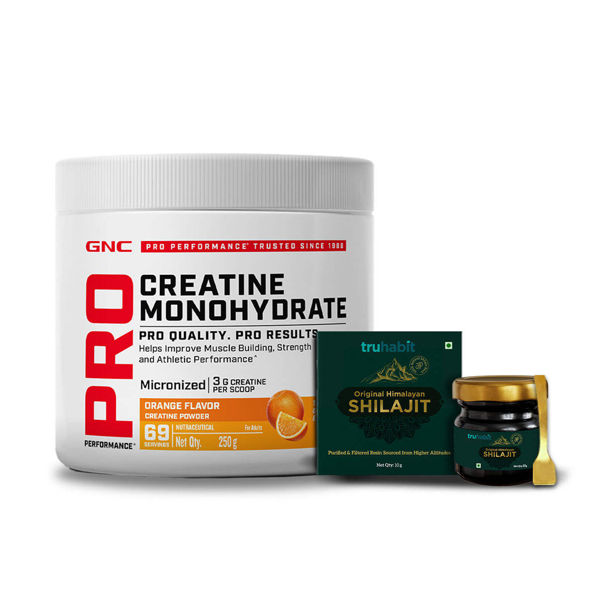 

GNC PP Pure Micronized Creatine Monohydrate with Free Shilajit | 250 gm & Truhabit 10 gm Shilajit | Orange