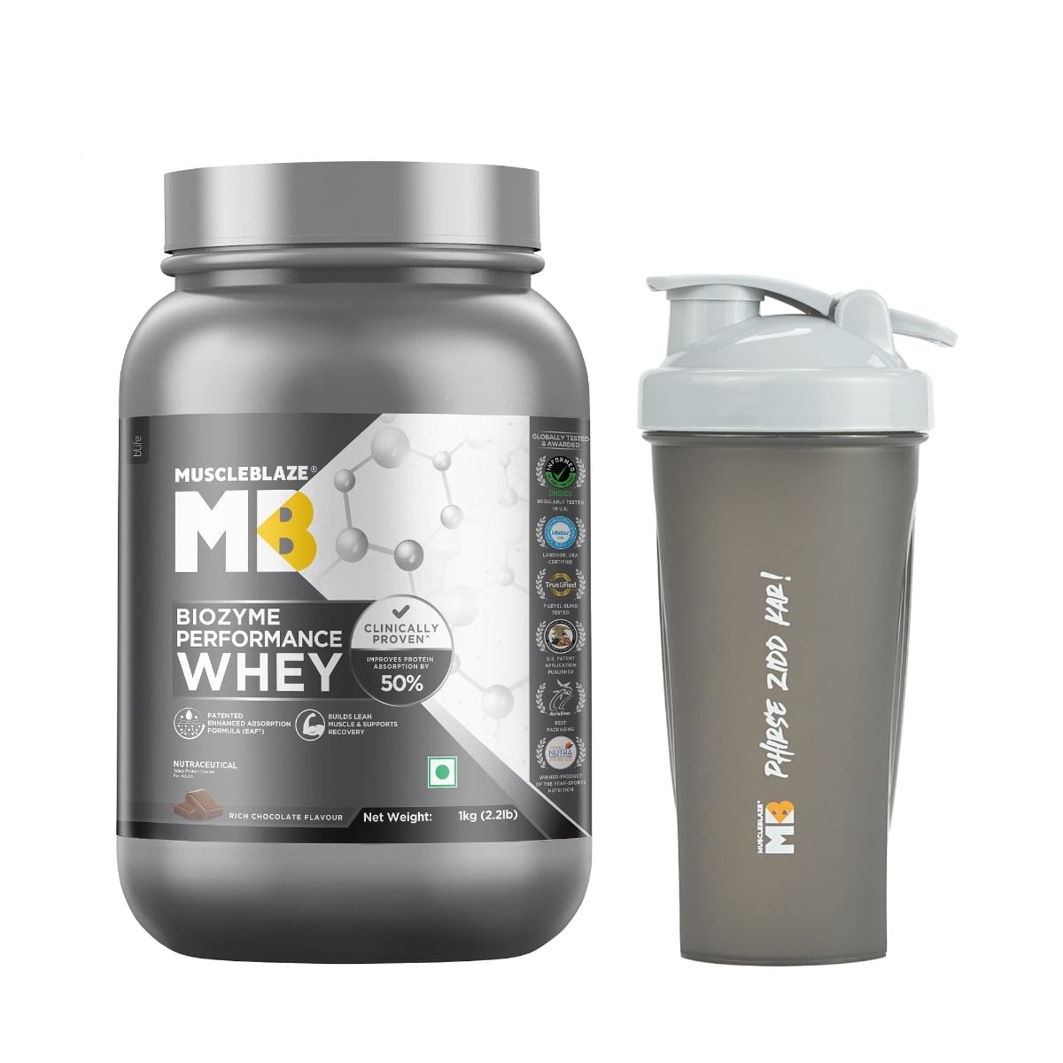 

MuscleBlaze Biozyme Performance Whey, Labdoor USA Certified (Rich Chocolate, 1 kg / 2.2 lb, 27 Servings) with Shaker, 650 ml (Combo Pack)